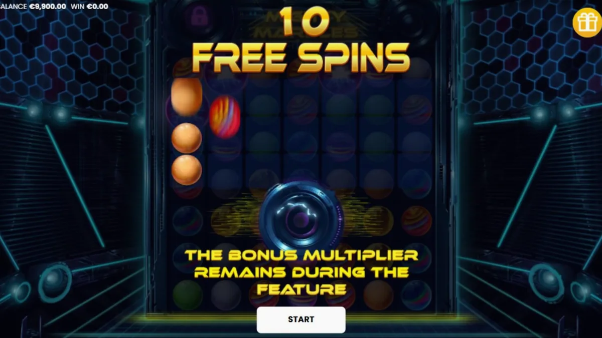 Mighty Marbles slot machine interface na may neon cosmic theme